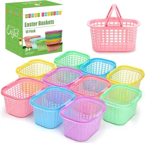 10 Pack Easter Baskets for Kids, Plastic Easter Bags with Handles, Easter Bucket Bags Filled with Grass for Easter Egg Hunt, Perfect Theme Party Favors