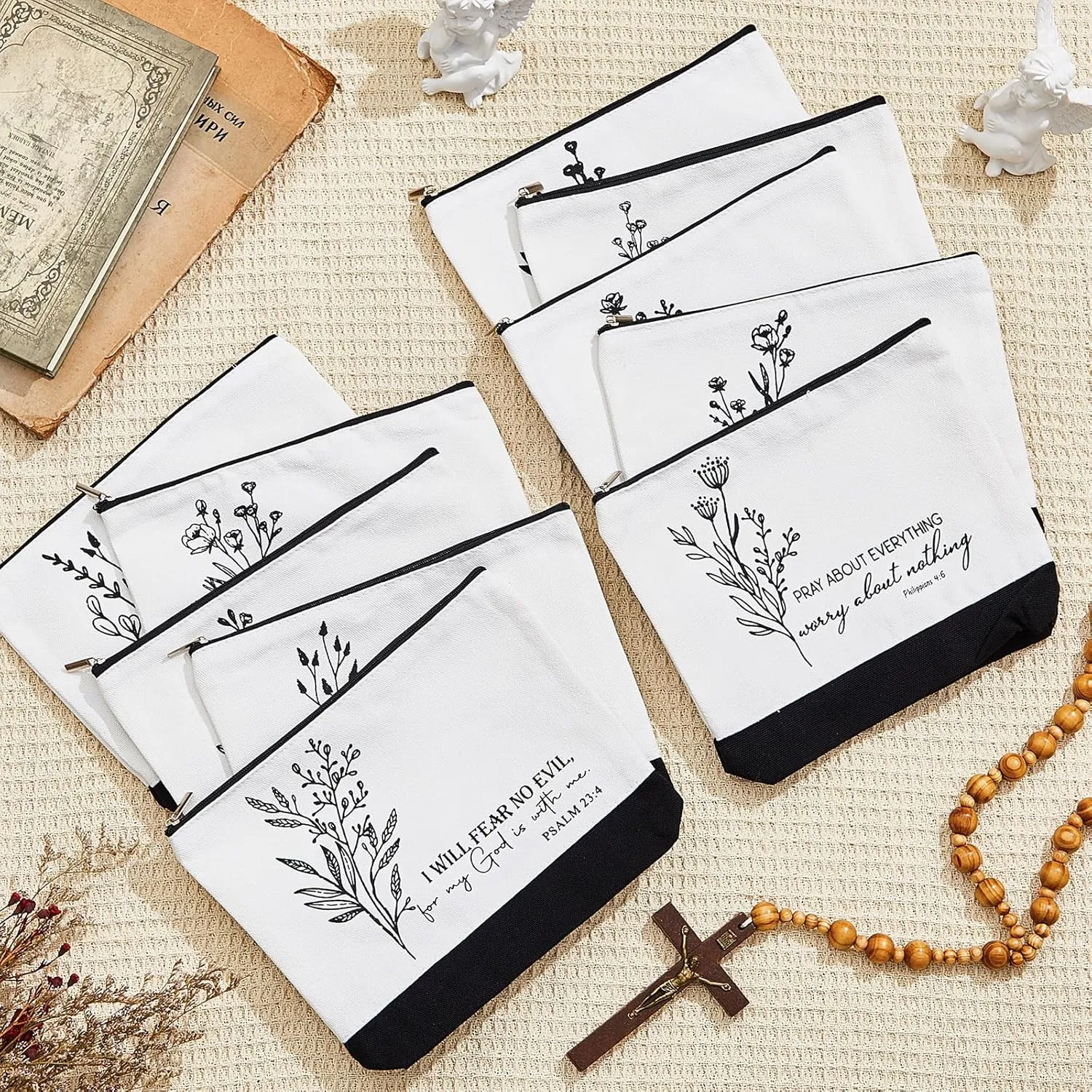 10Pcs Christian Gifts for Women Religious Cosmetic Bags Inspirational Bible Verse Pencil Pouch Canvas Makeup Bags Bulk with Zipper for Mother Sister Church Favors