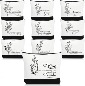 10Pcs Christian Gifts for Women Religious Cosmetic Bags Inspirational Bible Verse Pencil Pouch Canvas Makeup Bags Bulk with Zipper for Mother Sister Church Favors