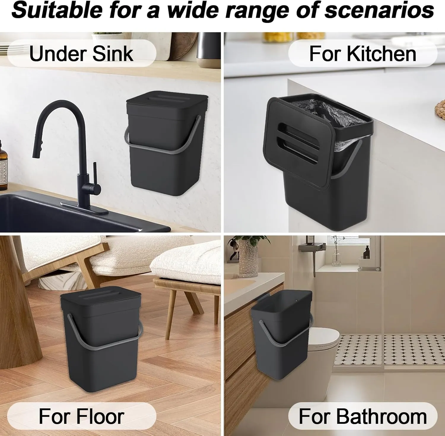 1.3 Gallon/5L Compost bin Kitchen, for use on countertops or Under Sinks, Hanging Trash can with lid, for Cupboard/Bathroom/Bedroom/Office/Camping, Mountable Indoor Compost Bucket(Black)