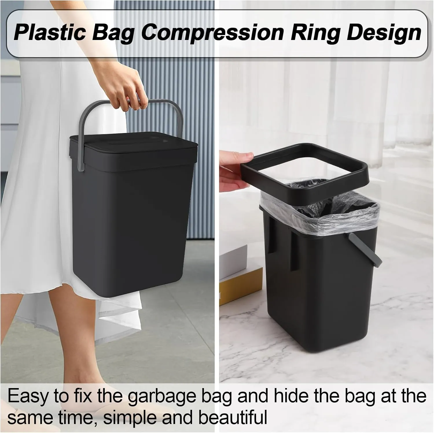 1.3 Gallon/5L Compost bin Kitchen, for use on countertops or Under Sinks, Hanging Trash can with lid, for Cupboard/Bathroom/Bedroom/Office/Camping, Mountable Indoor Compost Bucket(Black)