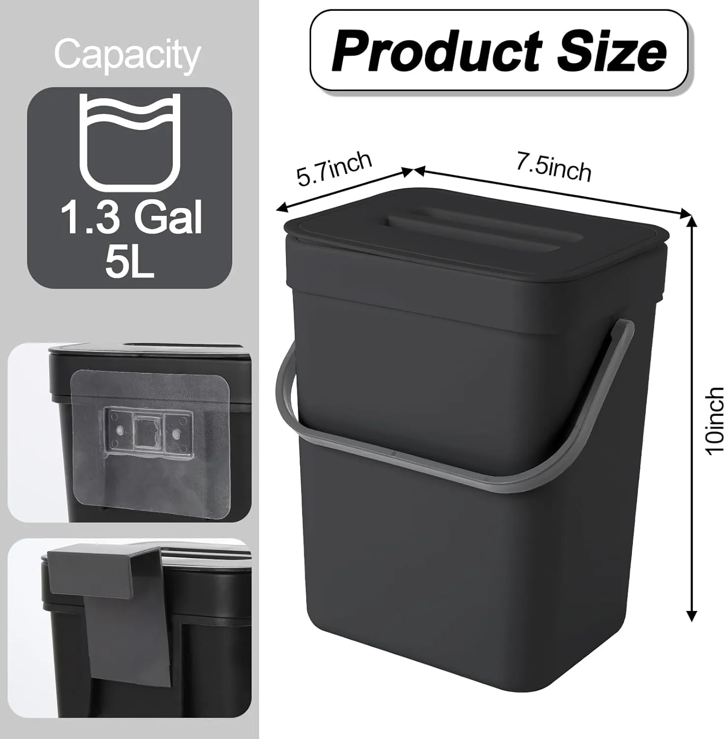 1.3 Gallon/5L Compost bin Kitchen, for use on countertops or Under Sinks, Hanging Trash can with lid, for Cupboard/Bathroom/Bedroom/Office/Camping, Mountable Indoor Compost Bucket(Black)