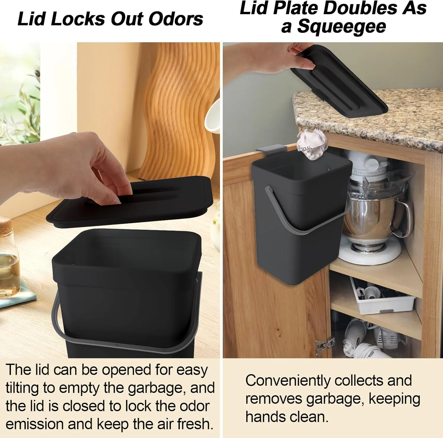 1.3 Gallon/5L Compost bin Kitchen, for use on countertops or Under Sinks, Hanging Trash can with lid, for Cupboard/Bathroom/Bedroom/Office/Camping, Mountable Indoor Compost Bucket(Black)
