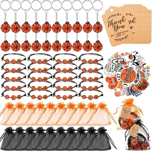 130 Pcs Basketball Party Favor Set Basketball Gift Bulk Charm Bracelets Keychains Sticker Organza Bags Thank You Tags for Team Party Supplies Boy Girl Classroom Reward Decoration Outdoor
