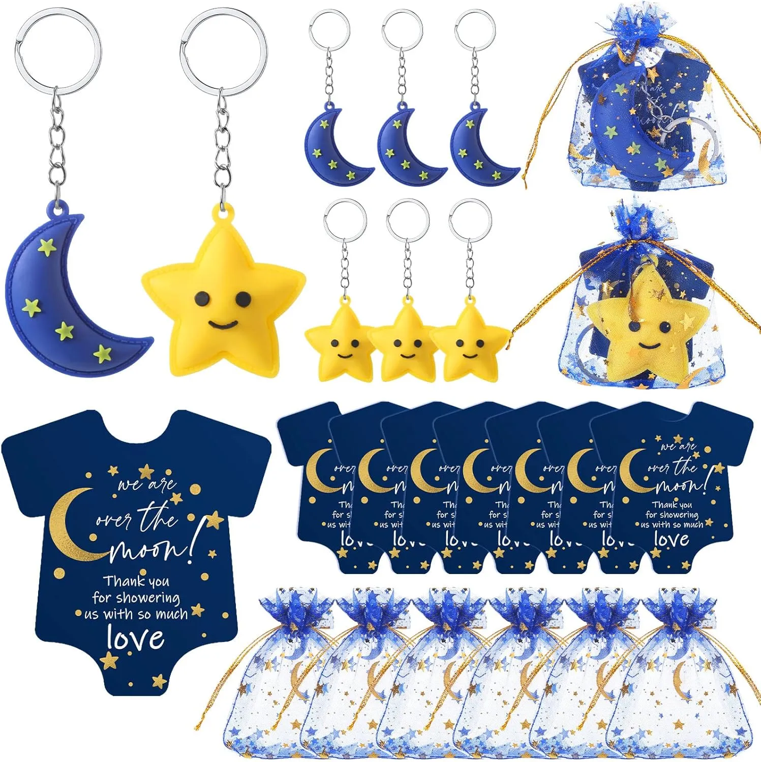 150 Pcs Baby Shower Party Favors Moon Star Keychains Twinkle Twinkle Little Star Baby Shower Favor Thank You Cards Organza Bags for Guests Gender Reveal keepsakes