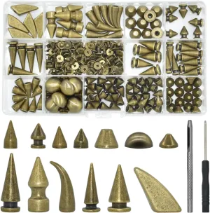 150 Sets Punk Spikes and Studs, 13 Shape Cone Spikes Leather Rivets Gothic Screw Back Studs with Install Tools for DIY Necklace Jacket Vest Shoes Boot Belts Bags Leather Crafts (Bronze)