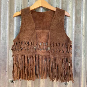 1970's Vintage Kid's Vest Cowboy Western Woven Brown Suede Fringed Soft Sz XS - OOAK