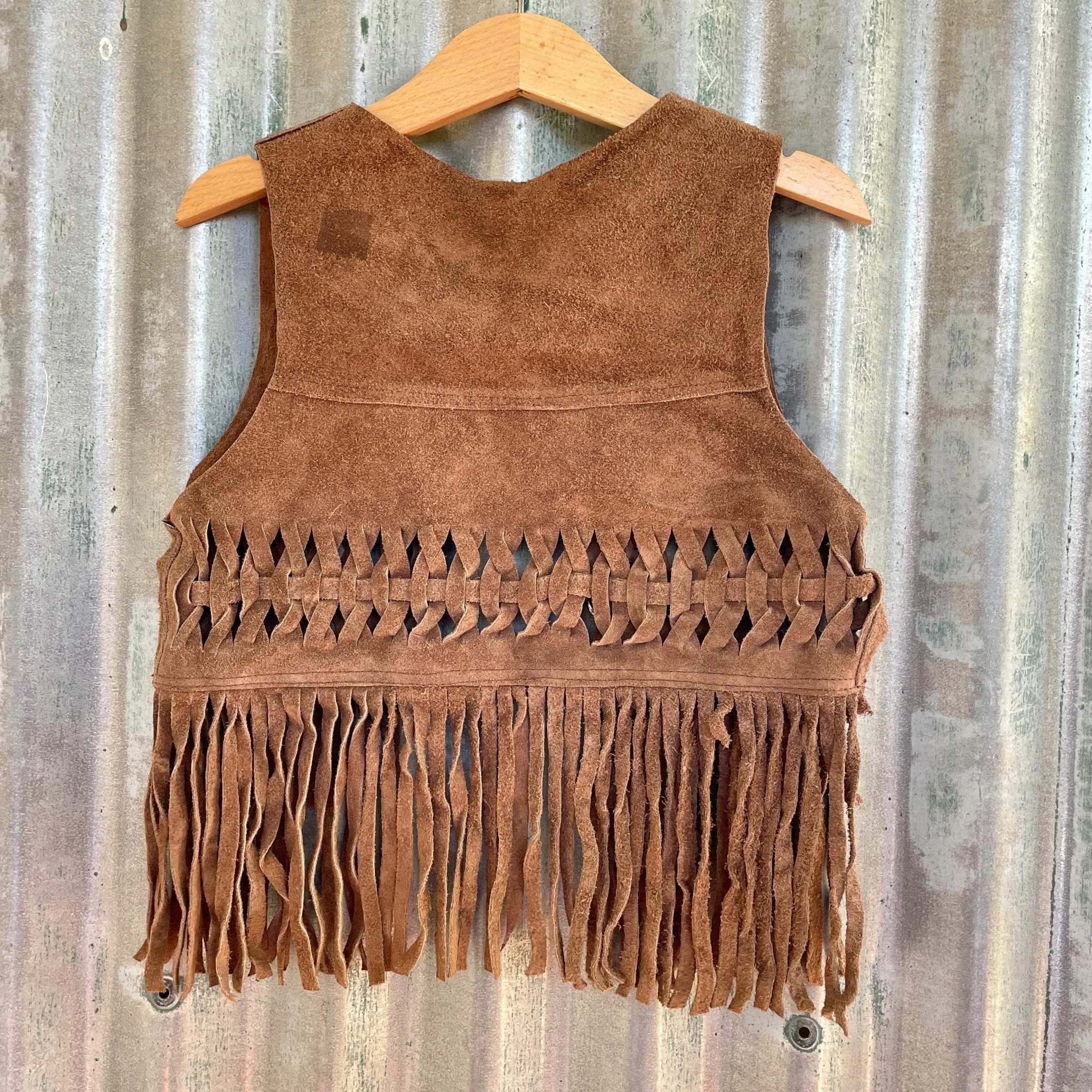 1970's Vintage Kid's Vest Cowboy Western Woven Brown Suede Fringed Soft Sz XS - OOAK