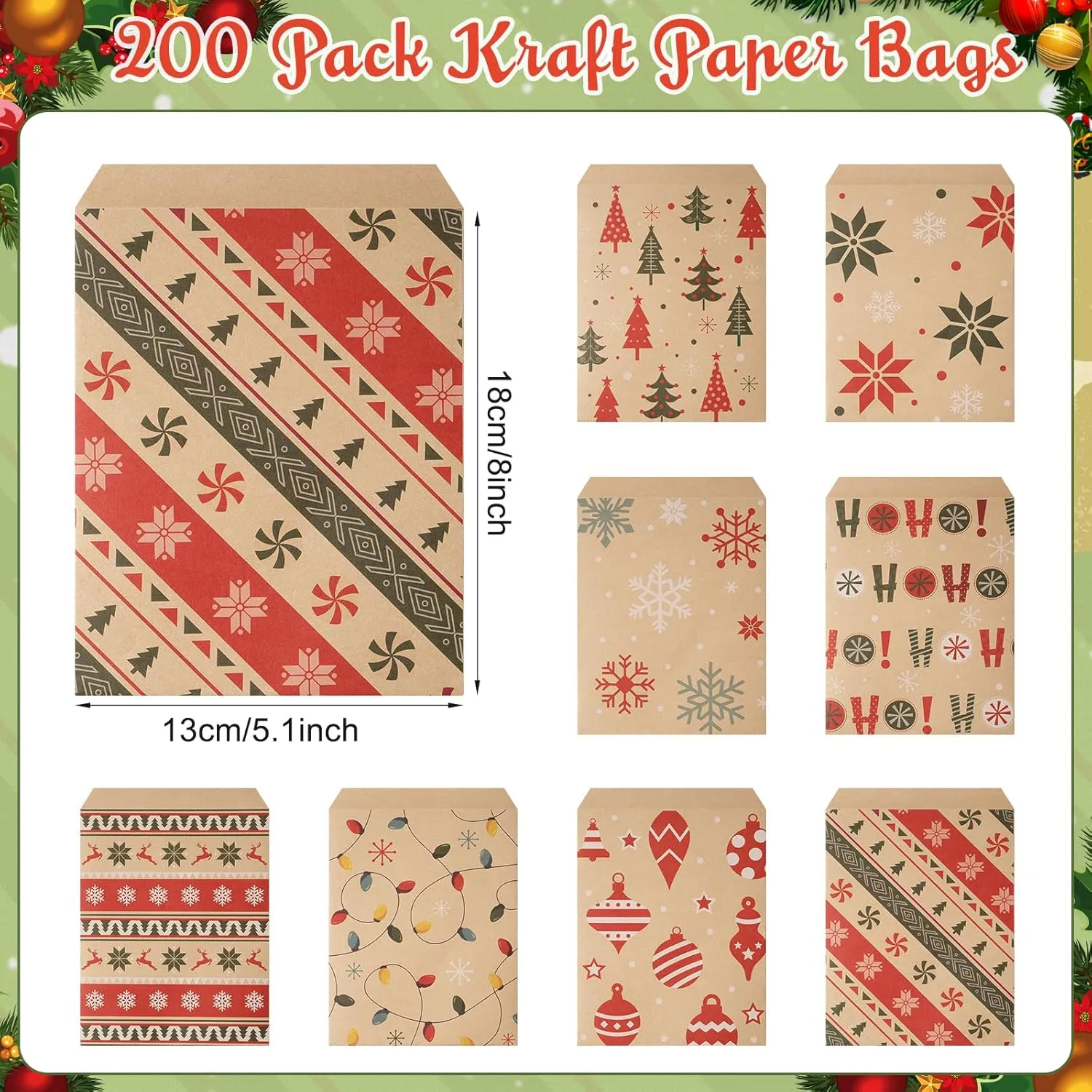 200 Pack Christmas Kraft Treat Bags Bulk, Holiday Paper Treat Bags in 8 Designs, Small Xmas Gift Bags for Goodie Candy Cookie Snack, Christmas Flat Paper Favor Buffet Bags for Christmas Party Favor