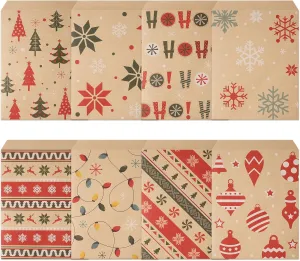 200 Pack Christmas Kraft Treat Bags Bulk, Holiday Paper Treat Bags in 8 Designs, Small Xmas Gift Bags for Goodie Candy Cookie Snack, Christmas Flat Paper Favor Buffet Bags for Christmas Party Favor