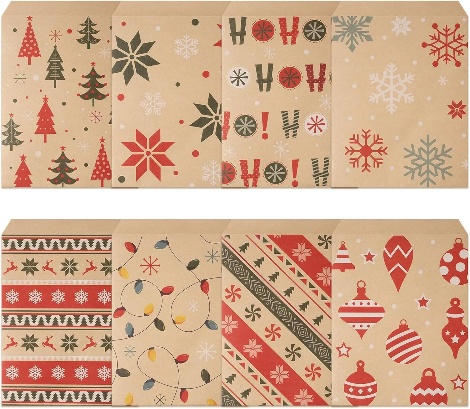 200 Pack Christmas Kraft Treat Bags Bulk, Holiday Paper Treat Bags in 8 Designs, Small Xmas Gift Bags for Goodie Candy Cookie Snack, Christmas Flat Paper Favor Buffet Bags for Christmas Party Favor