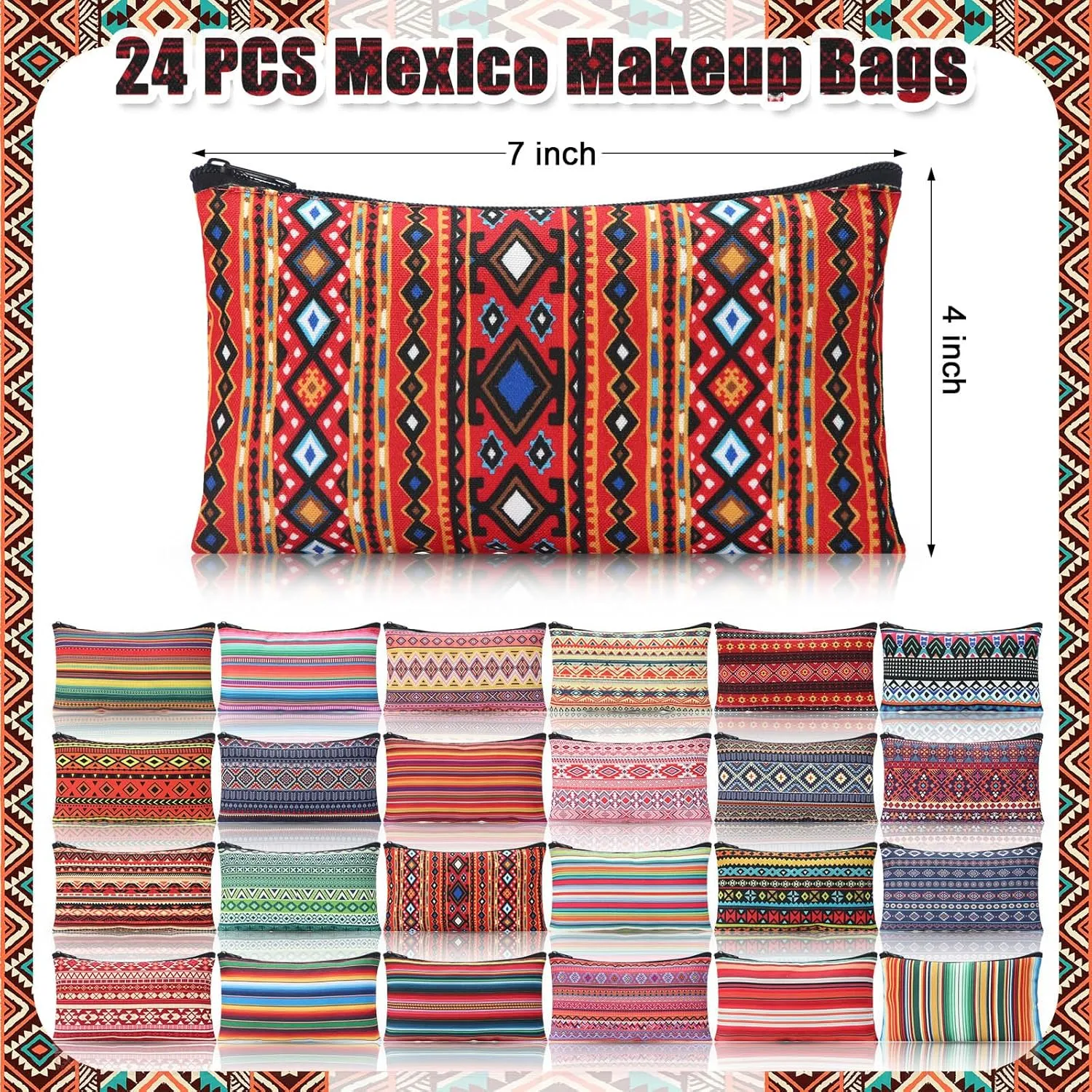 24 Pieces Makeup Bags Bulk Canvas Cosmetic Bags Purse Organizer Zipper Cosmetic Pouch Portable Travel Toiletry Pouch for Women Men Gifts, 7 x 4 Inch(Mexico)