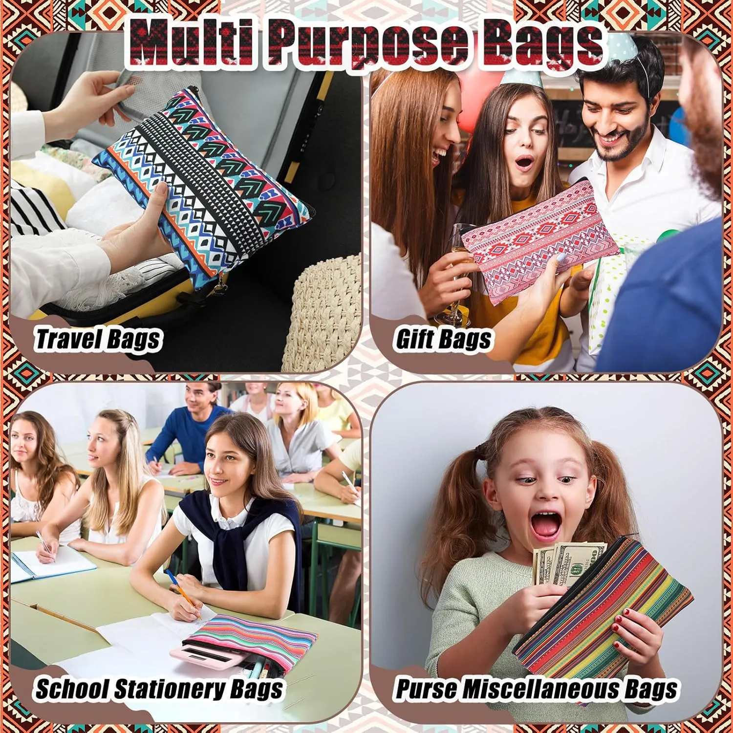 24 Pieces Makeup Bags Bulk Canvas Cosmetic Bags Purse Organizer Zipper Cosmetic Pouch Portable Travel Toiletry Pouch for Women Men Gifts, 7 x 4 Inch(Mexico)