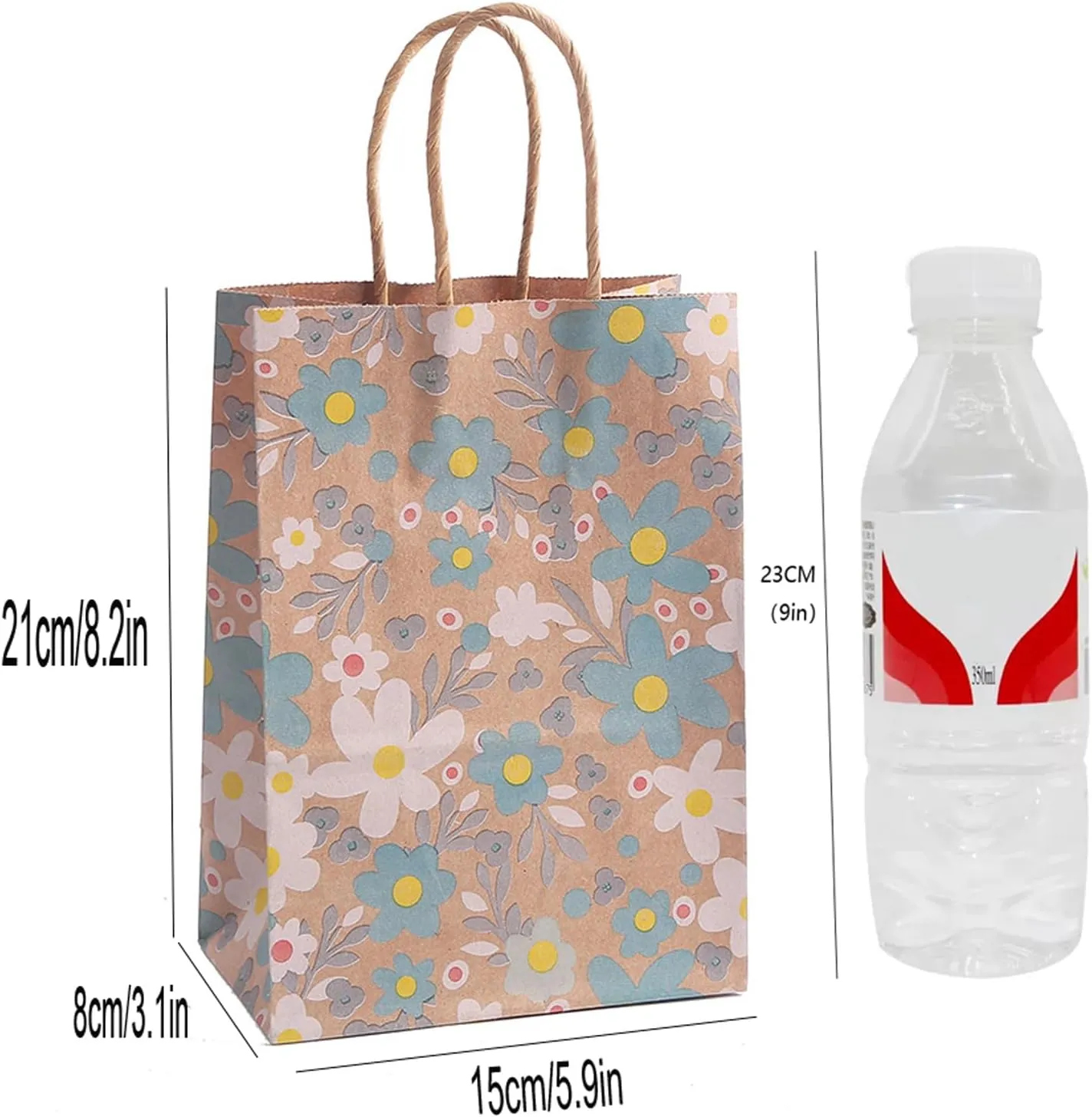 24pcs Floral Pattern Kraft Paper Bag Gift Bags with Handles for Party Favors, Mothers Day, Weddings, Birthday Celebration, Baby Shower,8.26×5.9×3.14inch