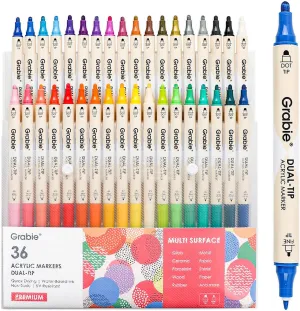 36 Colors Dot Paint Acrylic Paint Pens, Acrylic Paint Markers Dual Tip (Fine 1mm   Dot 5mm), Acrylic Markers for Fabric, Canvas, Rock, Glass, Wood, Paper, DIY, Dot Markers for Adults