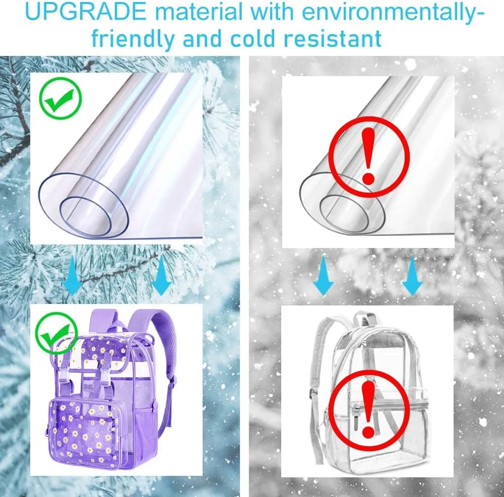 3PCS Clear Backpack, Heavy Duty Transparent Bookbag for Girls Women, Stadium Approved See Through Backpack with Lunch Box (Purple Daisy)