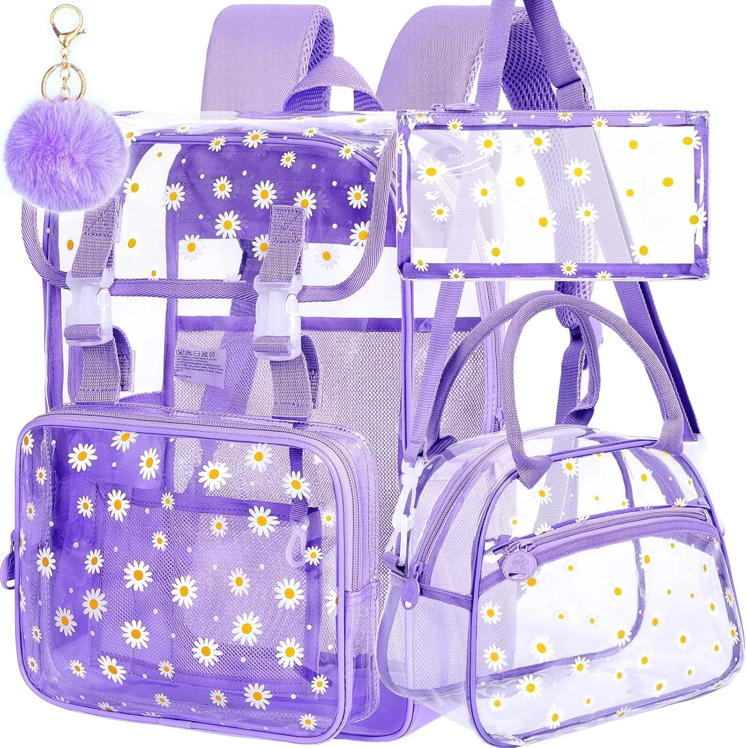 3PCS Clear Backpack, Heavy Duty Transparent Bookbag for Girls Women, Stadium Approved See Through Backpack with Lunch Box (Purple Daisy)