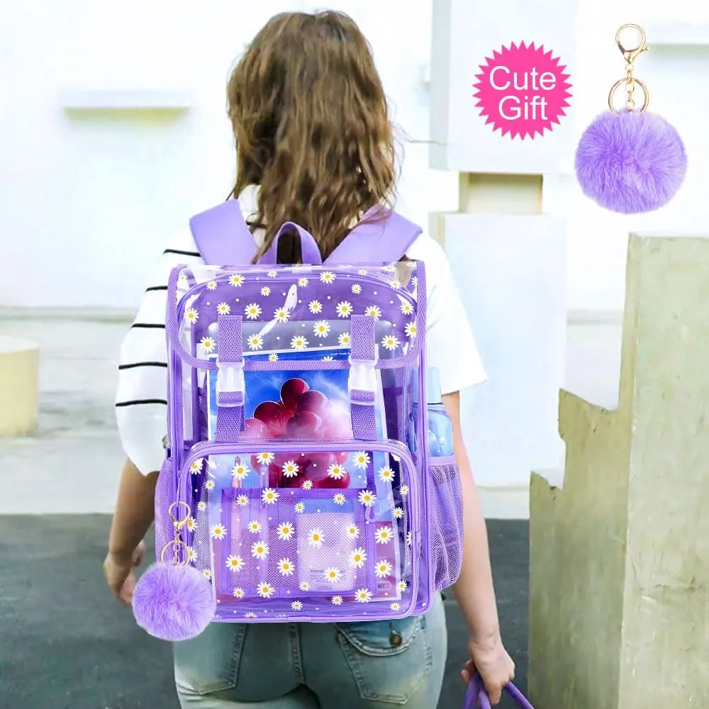 3PCS Clear Backpack, Heavy Duty Transparent Bookbag for Girls Women, Stadium Approved See Through Backpack with Lunch Box (Purple Daisy)