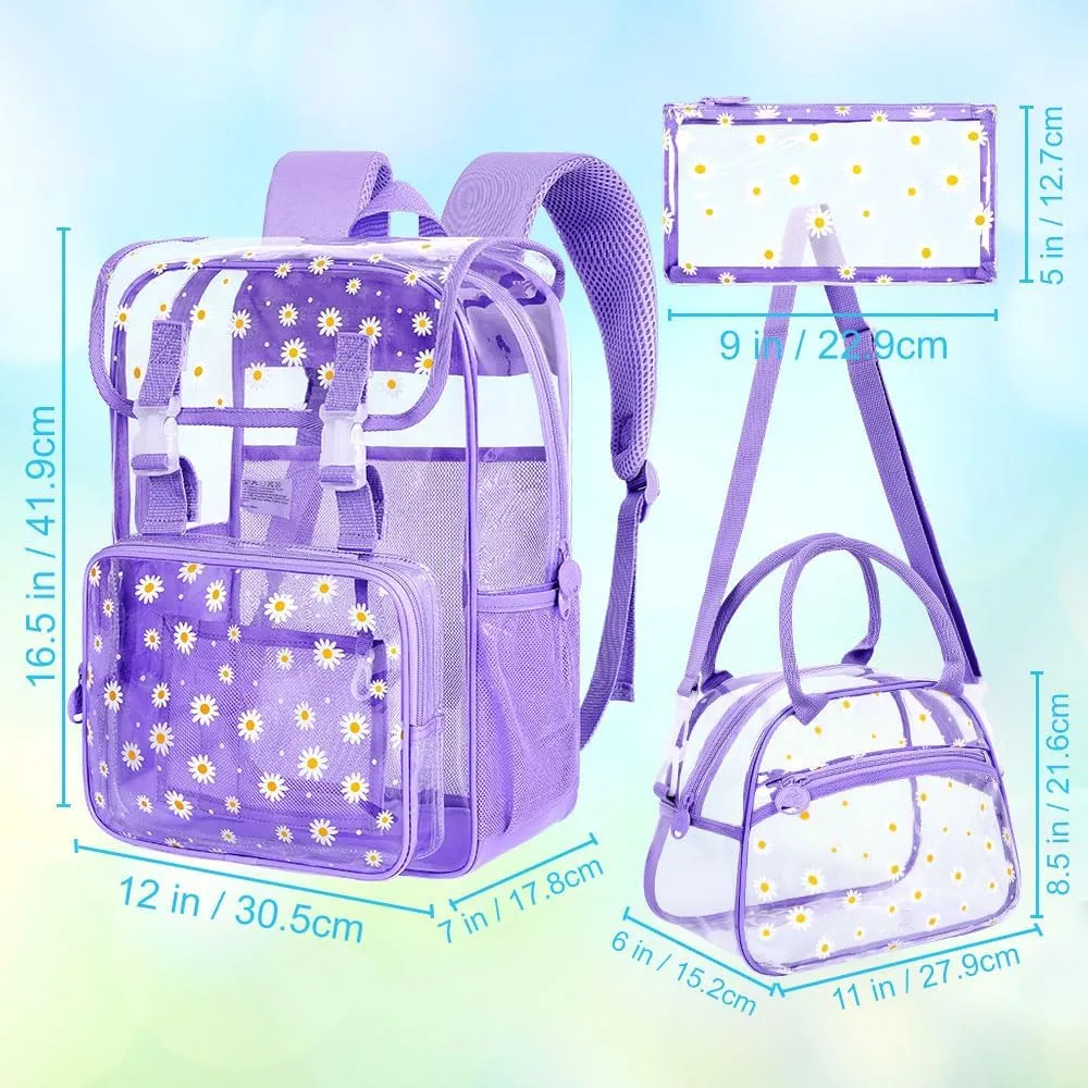 3PCS Clear Backpack, Heavy Duty Transparent Bookbag for Girls Women, Stadium Approved See Through Backpack with Lunch Box (Purple Daisy)