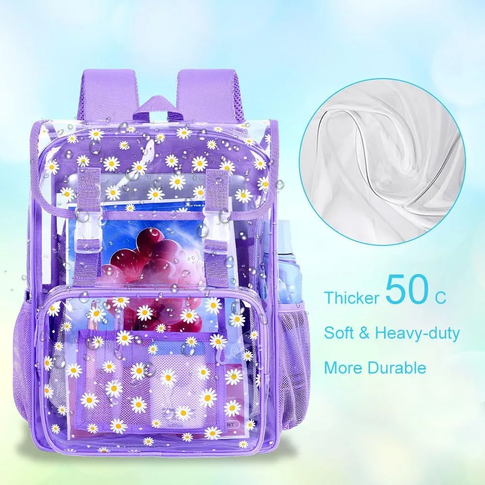 3PCS Clear Backpack, Heavy Duty Transparent Bookbag for Girls Women, Stadium Approved See Through Backpack with Lunch Box (Purple Daisy)