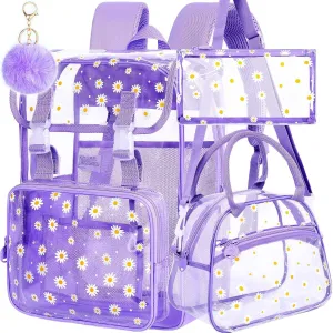 3PCS Clear Backpack, Heavy Duty Transparent Bookbag for Girls Women, Stadium Approved See Through Backpack with Lunch Box (Purple Daisy)