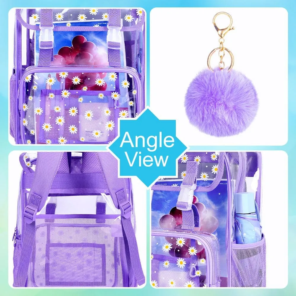 3PCS Clear Backpack, Heavy Duty Transparent Bookbag for Girls Women, Stadium Approved See Through Backpack with Lunch Box (Purple Daisy)