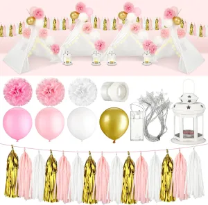 4 Set Sleepover Party Teepee Decoration Set Pajama Party Tent Decorate Tissue Paper Pom Latex Balloons Star LED Light Paper Tassels Garland Banner Decorative Candle Lantern Wedding