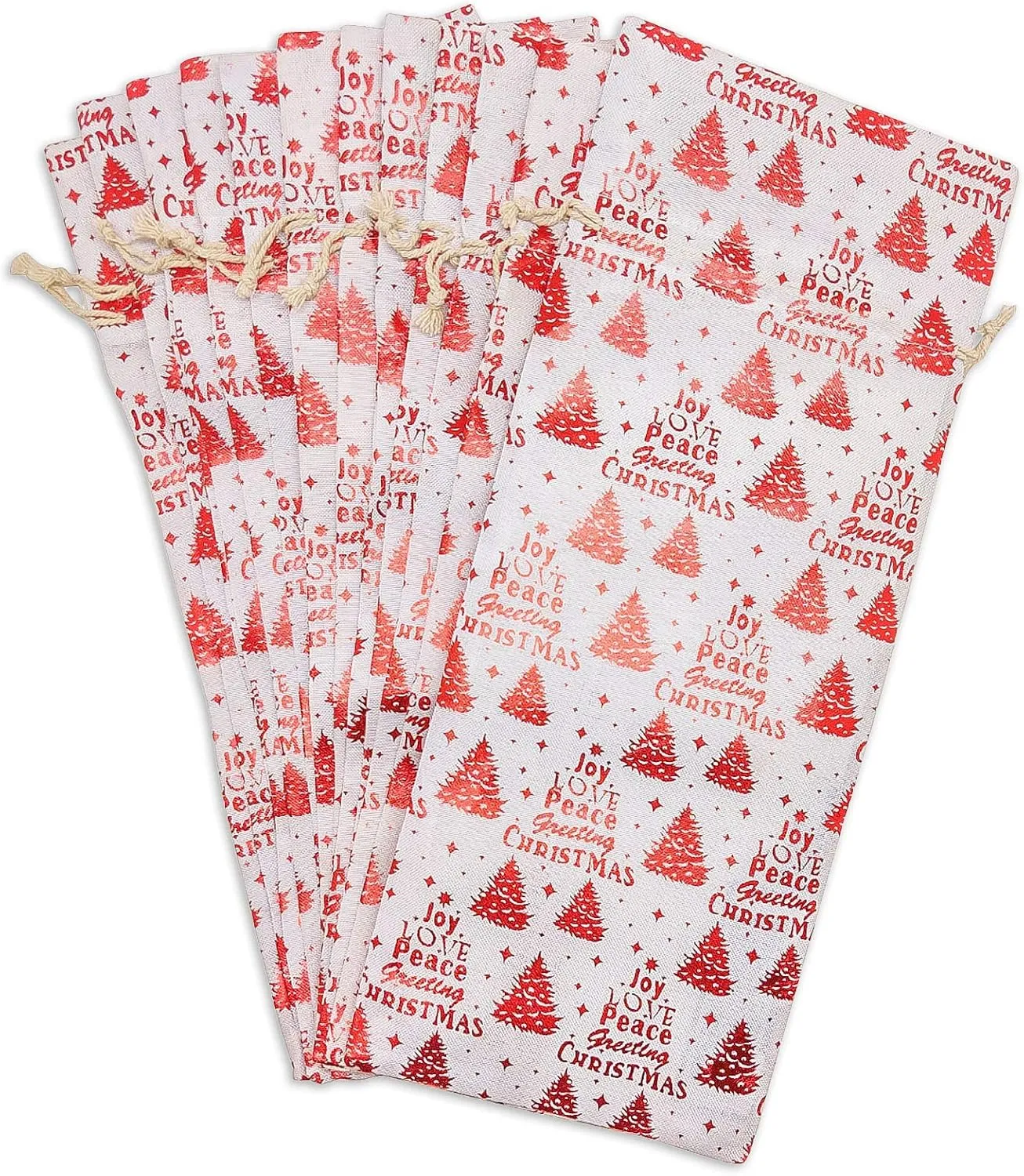 48-pack Muslin Cotton Canvas Wine Bottle Gift Bags w. Drawstring (Christmas, 6" x 14") - for Storage, Holiday Parties, Promotional Events by The Display Guys