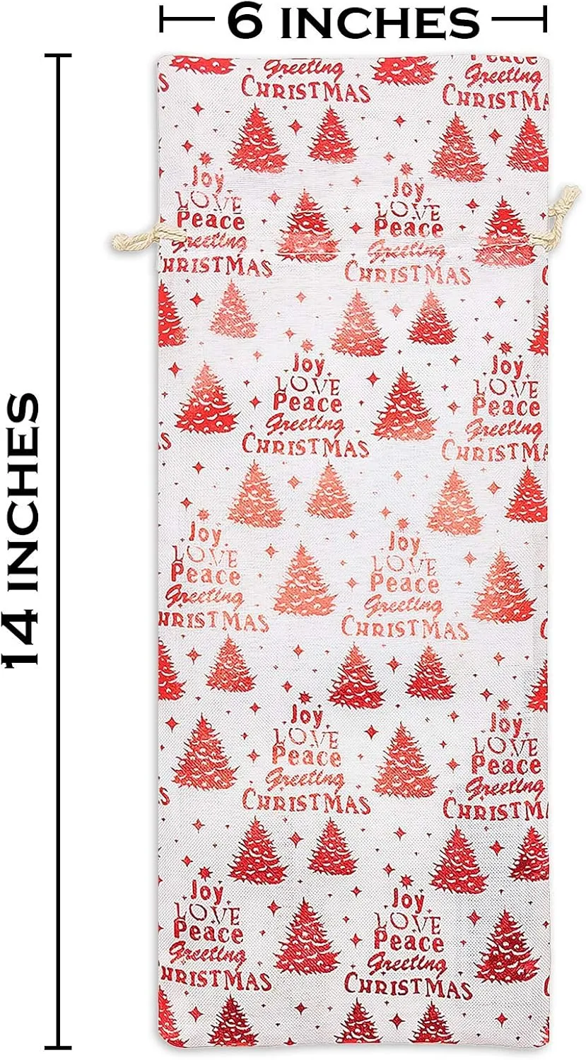 48-pack Muslin Cotton Canvas Wine Bottle Gift Bags w. Drawstring (Christmas, 6" x 14") - for Storage, Holiday Parties, Promotional Events by The Display Guys