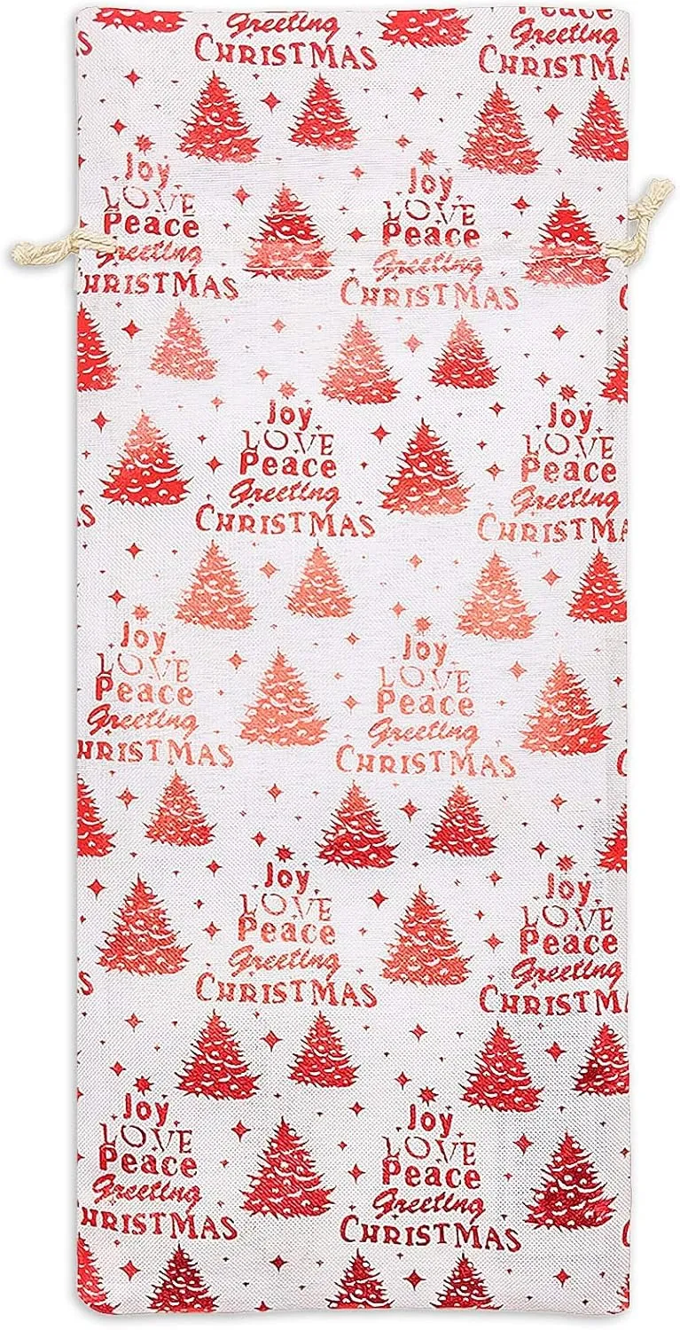 48-pack Muslin Cotton Canvas Wine Bottle Gift Bags w. Drawstring (Christmas, 6" x 14") - for Storage, Holiday Parties, Promotional Events by The Display Guys