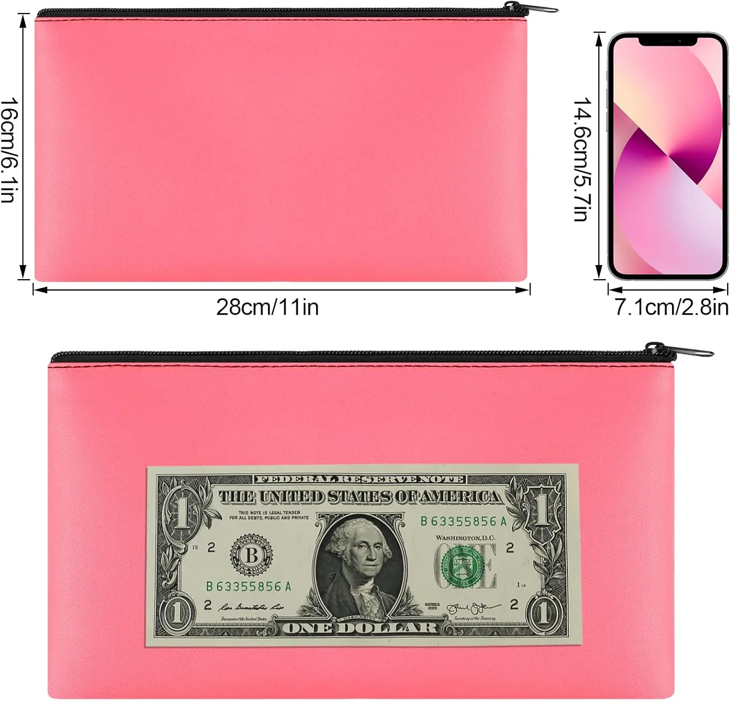 4Pack Money Bag 11 X 6" - Safe Durable Waterproof PU Leather Bank Pouch With Zipper for Cash, Coins, Checks, Bills, Receipts, Makeup, Tool Storage (Peach)