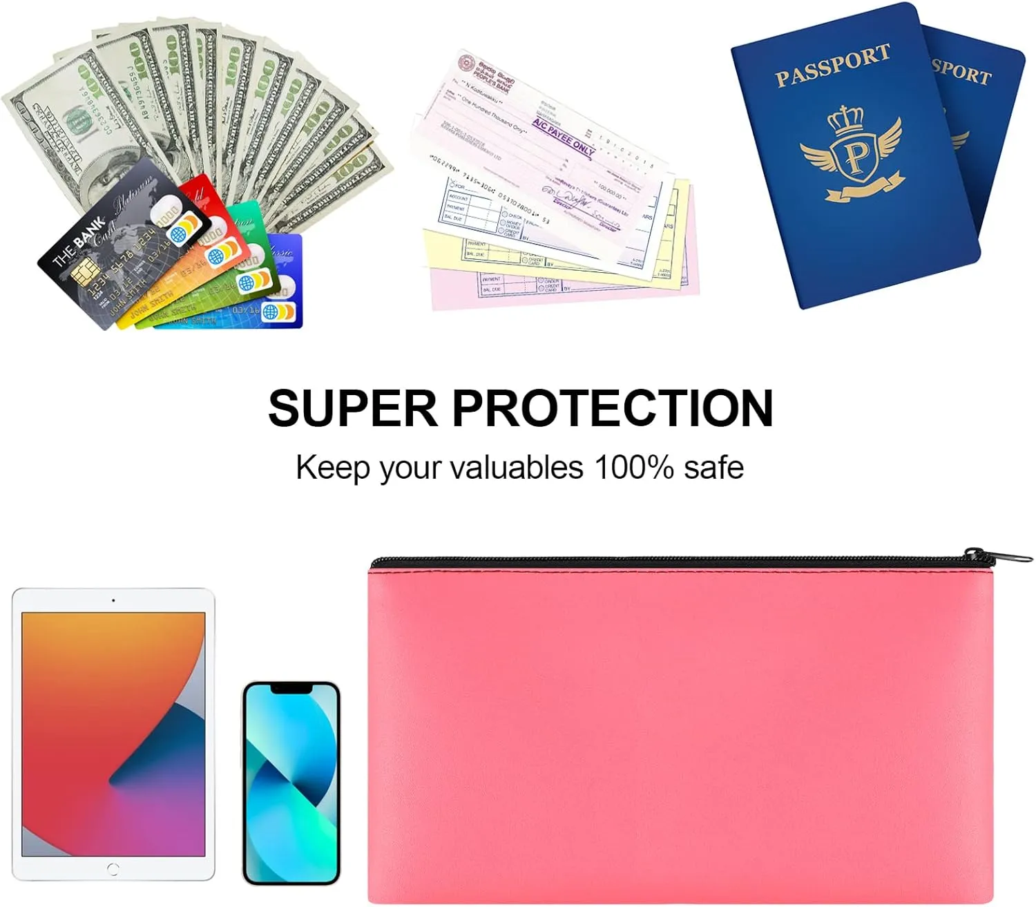 4Pack Money Bag 11 X 6" - Safe Durable Waterproof PU Leather Bank Pouch With Zipper for Cash, Coins, Checks, Bills, Receipts, Makeup, Tool Storage (Peach)