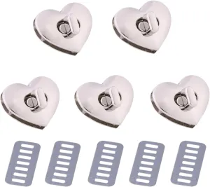 5Pcs Turn Lock Clasps, Heart Shaped Purse Closure Twist Locks for Wallet Briefcase Handbag Making 12x22mm/0.47x0.87in(Silver)