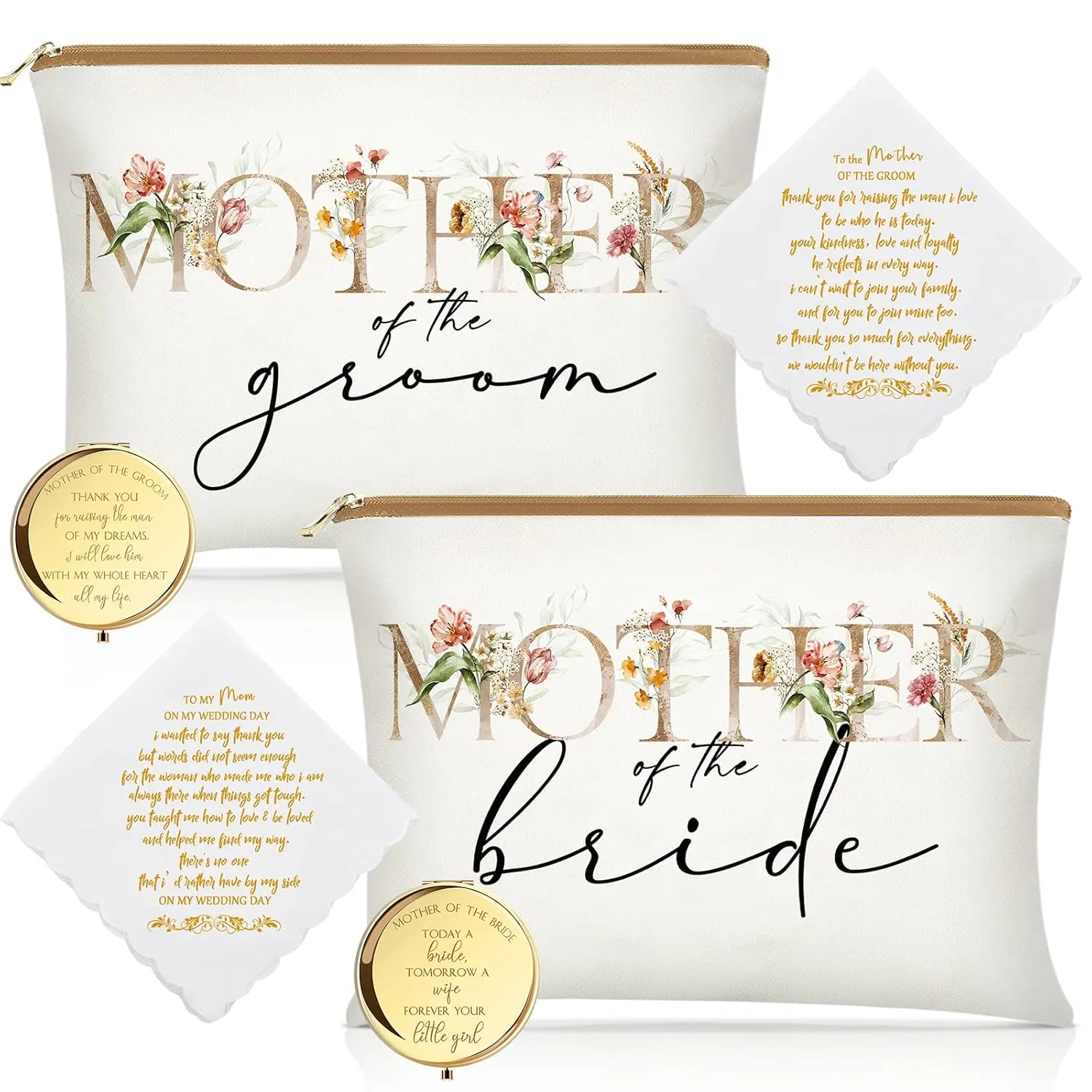 6 Pack Mother of The Groom Mother of The Bride Cosmetic Bag Wedding Gifts Makeup bag small Mirror Handkerchief for Mom and Mom in Law for Wedding Engagement Favor