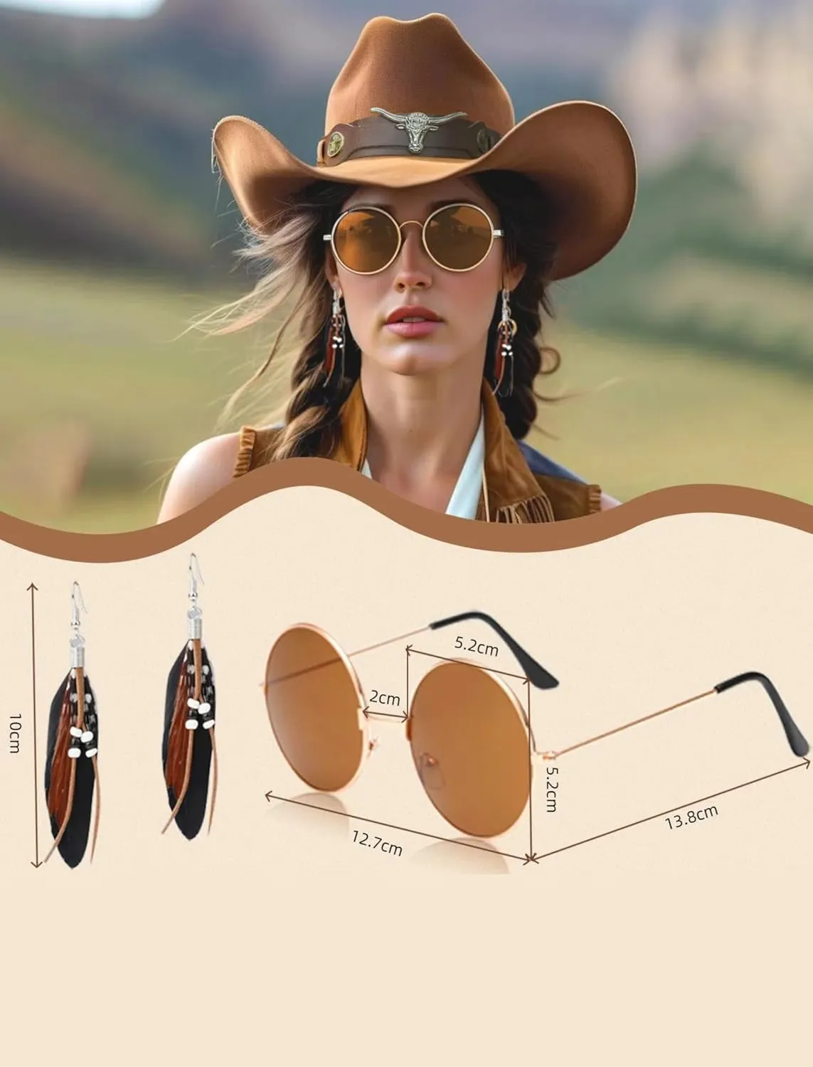 6 PC Cowgirl Western Outfits for Women Retro Cowgirl Costumes Fringe Vest Cow Girl Hat for Women Country 70s Hippie Outits
