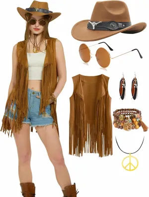 6 PC Cowgirl Western Outfits for Women Retro Cowgirl Costumes Fringe Vest Cow Girl Hat for Women Country 70s Hippie Outits