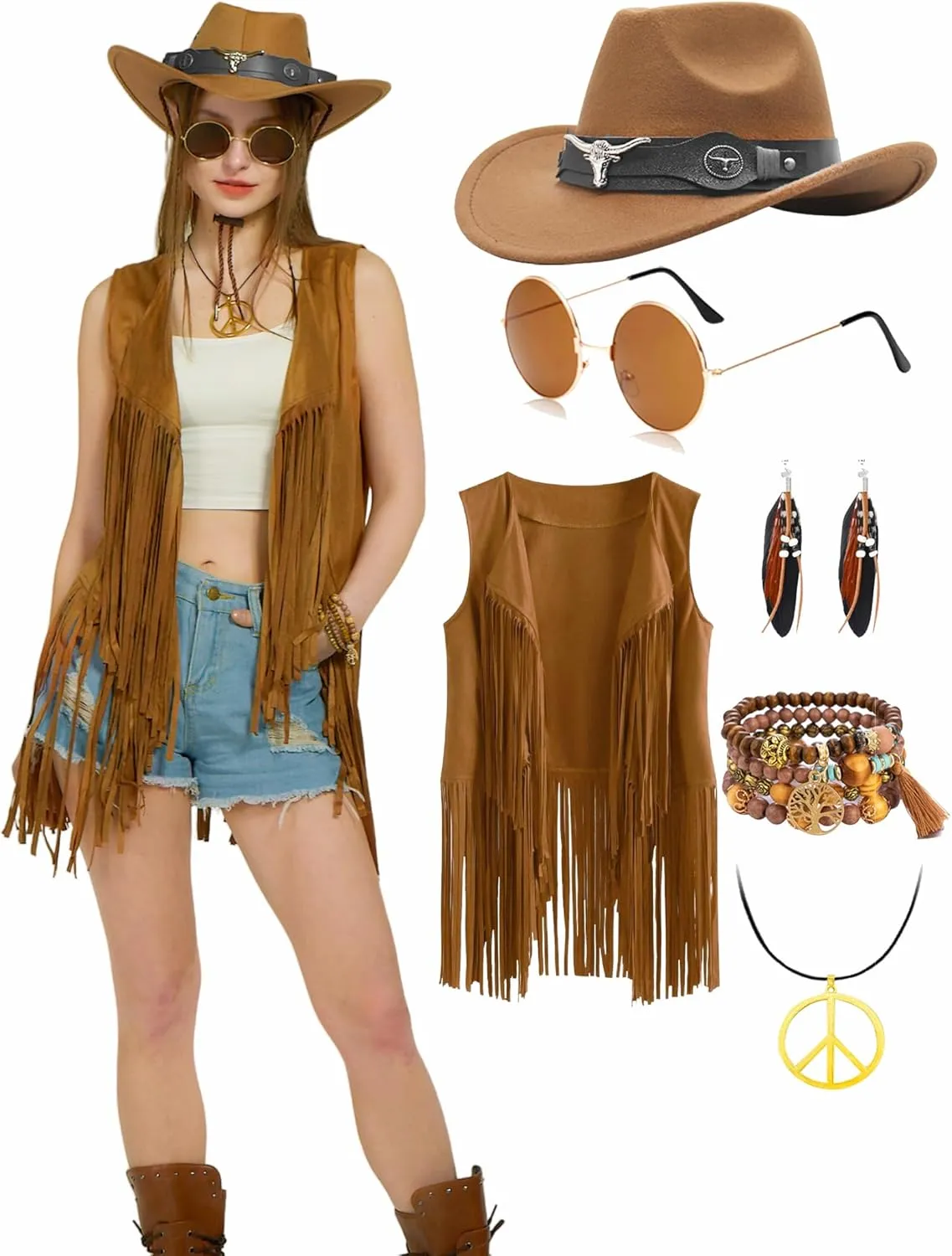 6 PC Cowgirl Western Outfits for Women Retro Cowgirl Costumes Fringe Vest Cow Girl Hat for Women Country 70s Hippie Outits