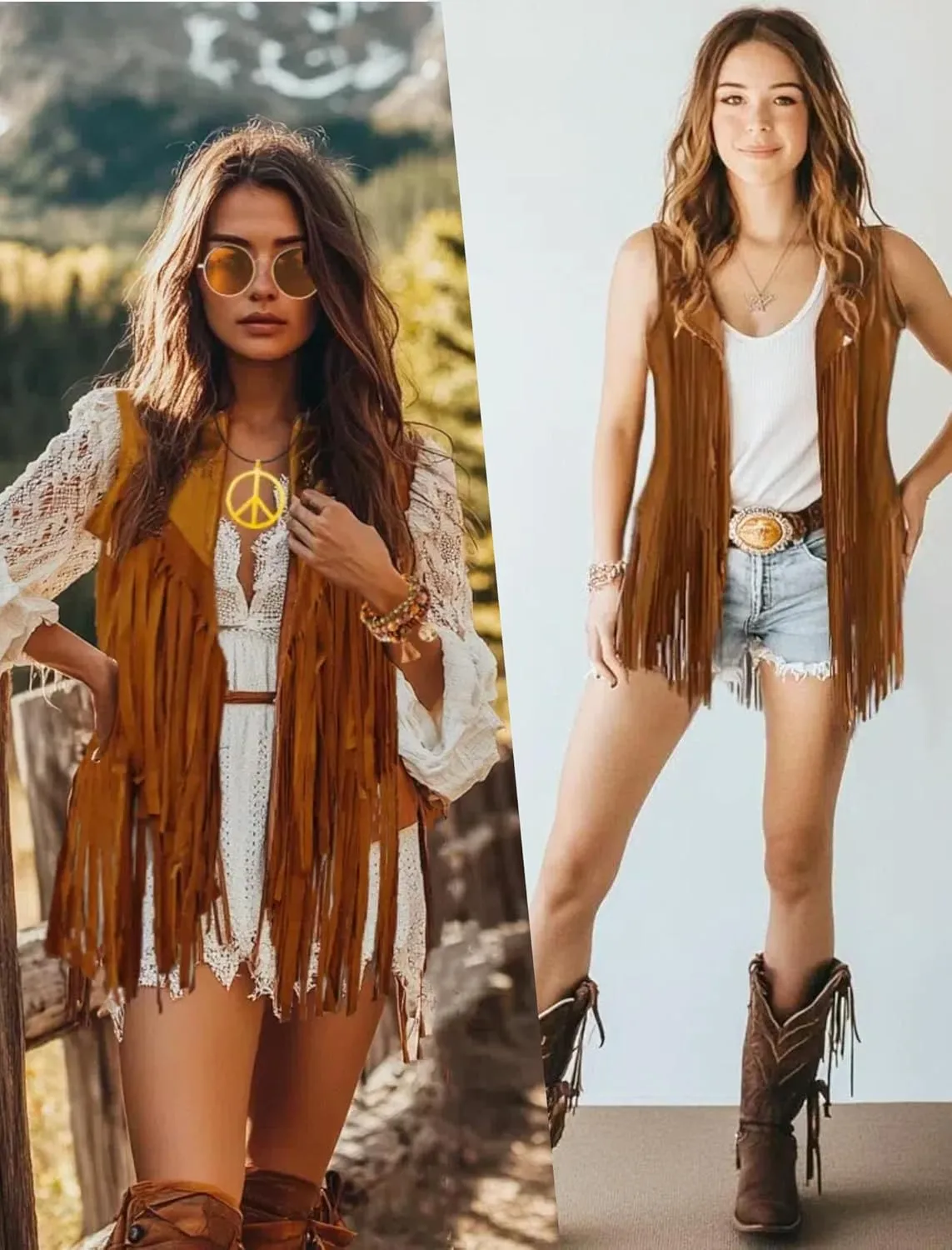 6 PC Cowgirl Western Outfits for Women Retro Cowgirl Costumes Fringe Vest Cow Girl Hat for Women Country 70s Hippie Outits