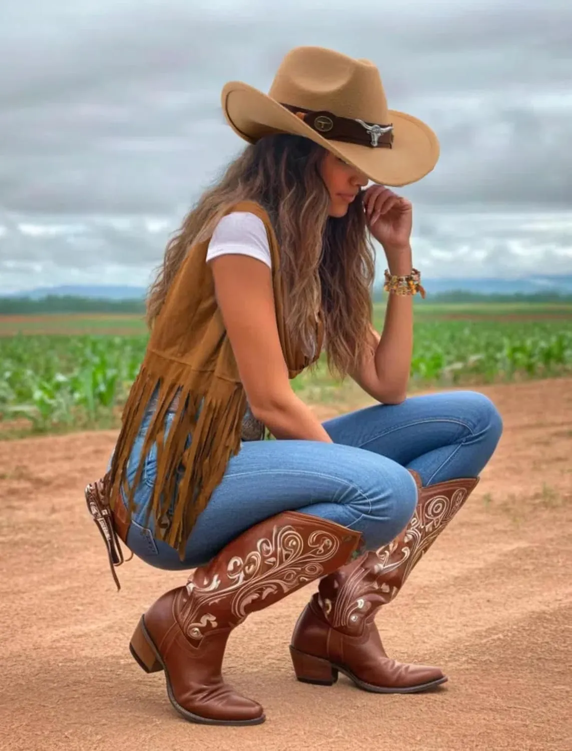 6 PC Cowgirl Western Outfits for Women Retro Cowgirl Costumes Fringe Vest Cow Girl Hat for Women Country 70s Hippie Outits