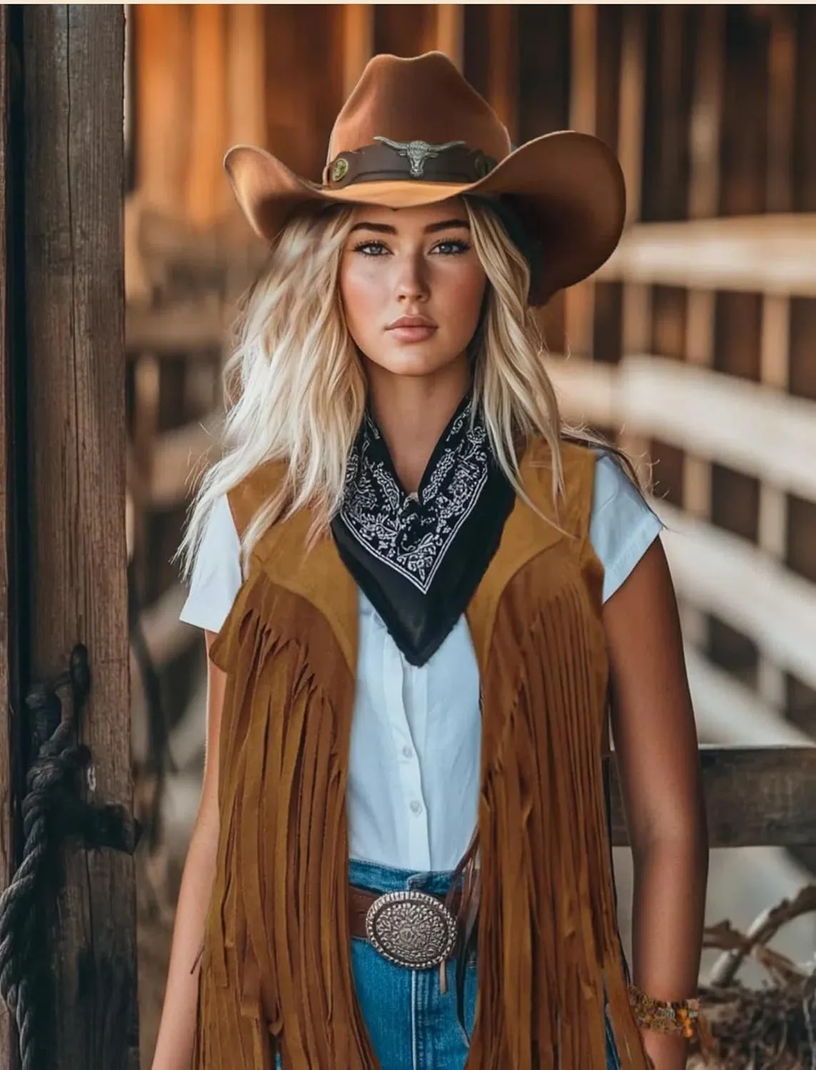 6 PC Cowgirl Western Outfits for Women Retro Cowgirl Costumes Fringe Vest Cow Girl Hat for Women Country 70s Hippie Outits