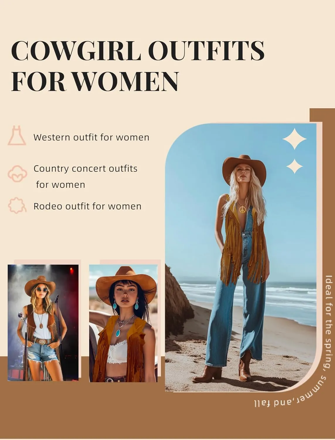 6 PC Cowgirl Western Outfits for Women Retro Cowgirl Costumes Fringe Vest Cow Girl Hat for Women Country 70s Hippie Outits
