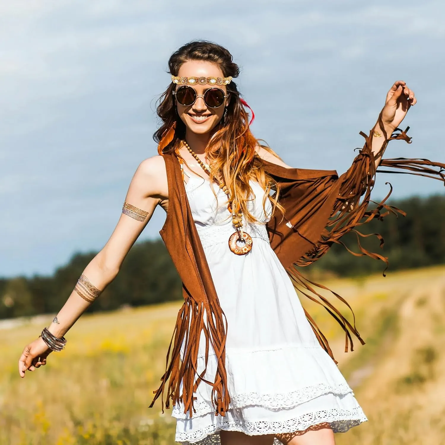 60s 70s Outfit for Women Hippy Accessories Fringe Hippie Vest Clothes for Halloween Disco Party Hippie Costume Set