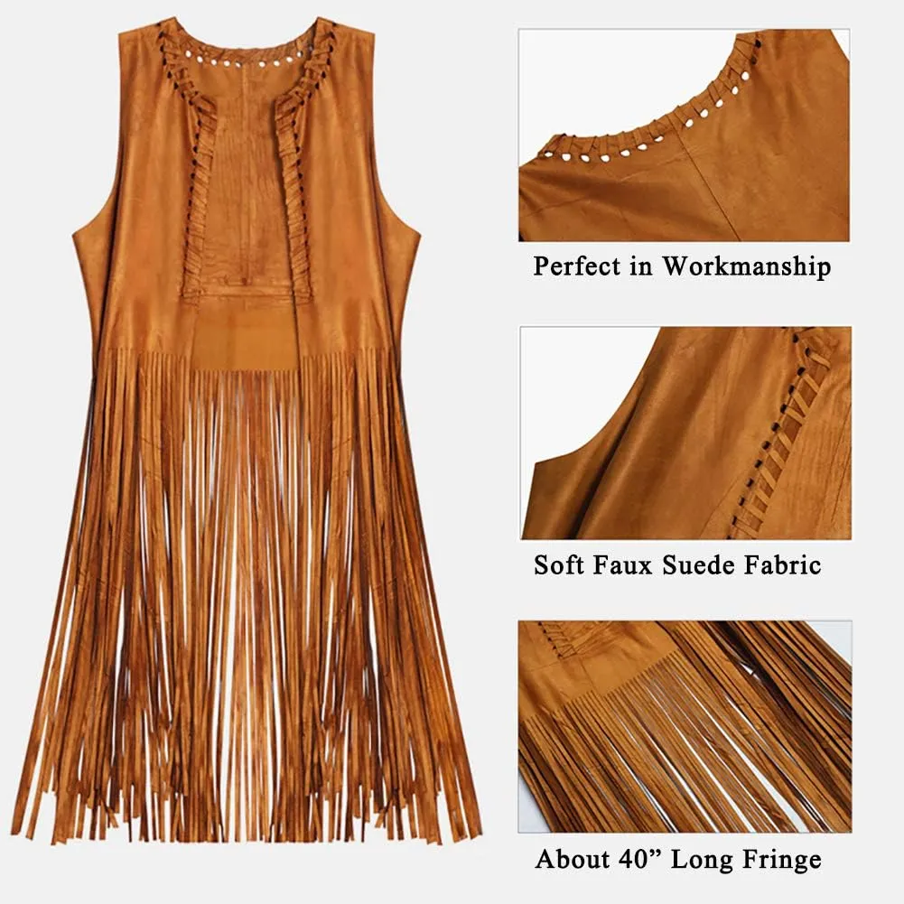 60s 70s Outfits for Women Disco Hippie Costume Clothes Woman Cowgirl 70s Costume Tops Women Fringe Hippie Vest Brown