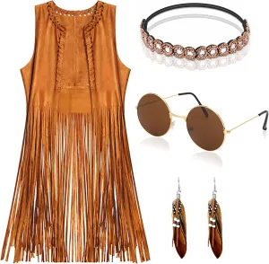 60s 70s Outfits for Women Disco Hippie Costume Clothes Woman Cowgirl 70s Costume Tops Women Fringe Hippie Vest Brown