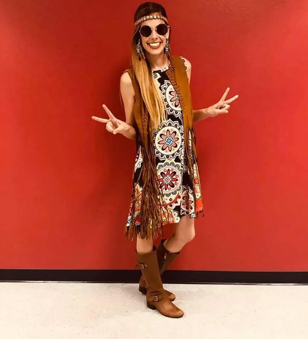 60s 70s Outfits for Women Disco Hippie Costume Clothes Woman Cowgirl 70s Costume Tops Women Fringe Hippie Vest Brown