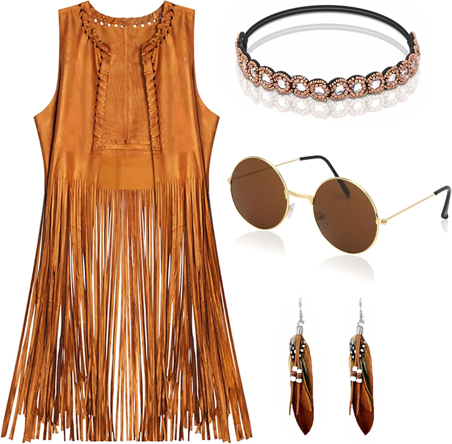 60s 70s Outfits for Women Disco Hippie Costume Clothes Woman Cowgirl 70s Costume Tops Women Fringe Hippie Vest Brown