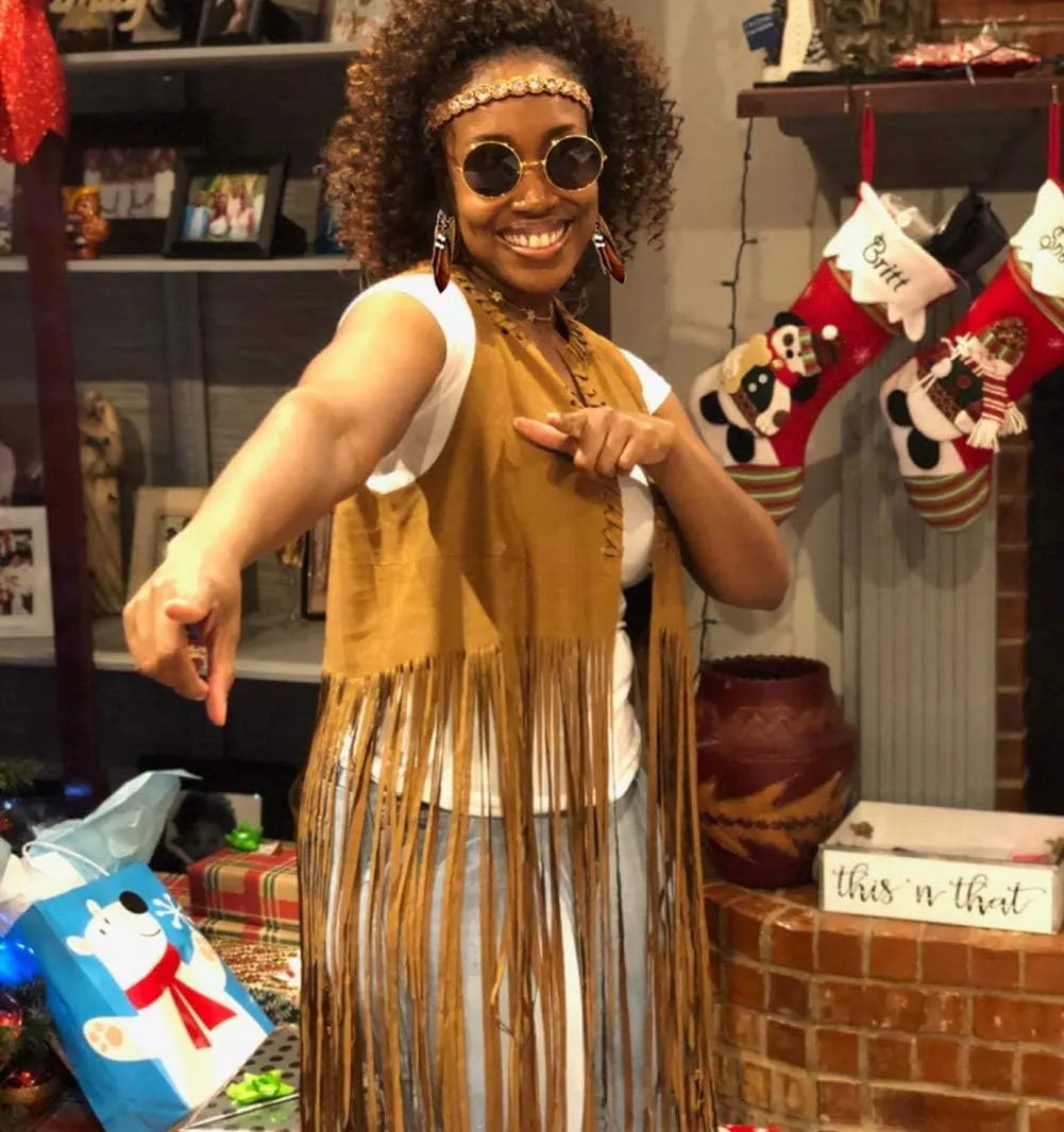60s 70s Outfits for Women Disco Hippie Costume Clothes Woman Cowgirl 70s Costume Tops Women Fringe Hippie Vest Brown