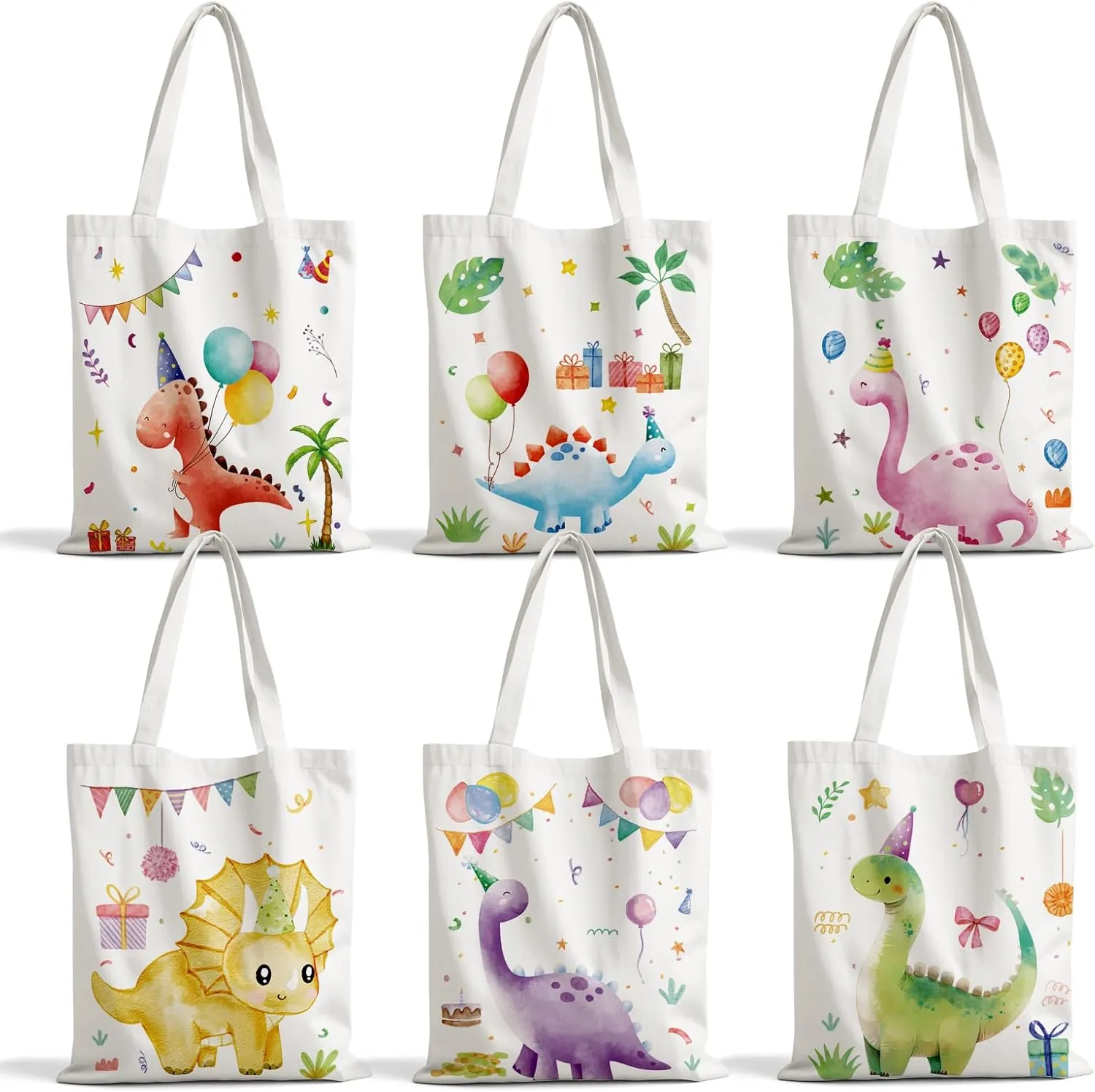 6PCS Canvas Tote Bags 15"x13"Canvas Casual Shoulder Handbag for Kids Birthday Party Candy Bags Double Sided