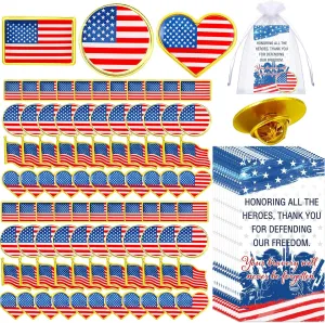 80 Sets Patriotic American Flag Lapel Pins Veterans Day Button Pins Badge Brooch Decorations USA Patriotic Prayer Cards Organza Bags for Independence Day Veteran Gifts