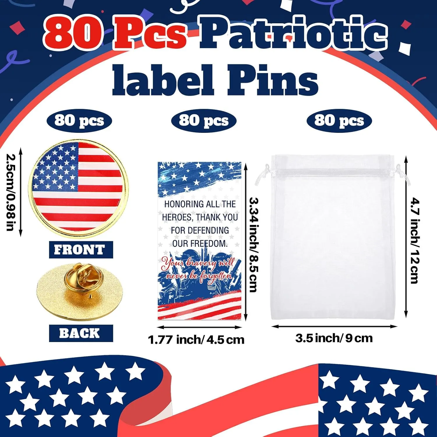 80 Sets Patriotic American Flag Lapel Pins Veterans Day Button Pins Badge Brooch Decorations USA Patriotic Prayer Cards Organza Bags for Independence Day Veteran Gifts
